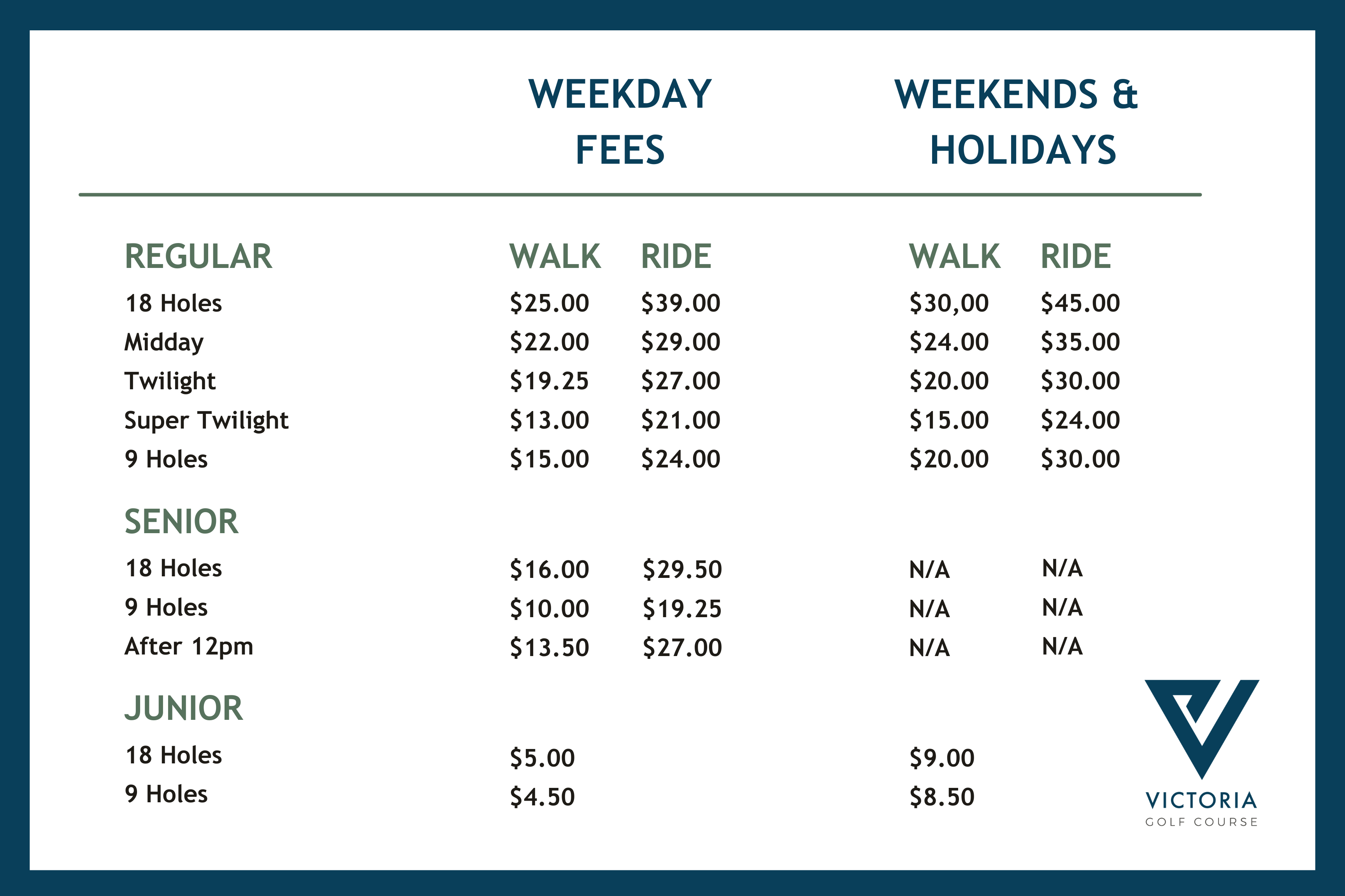 Course Rates - Victoria Golf Course
